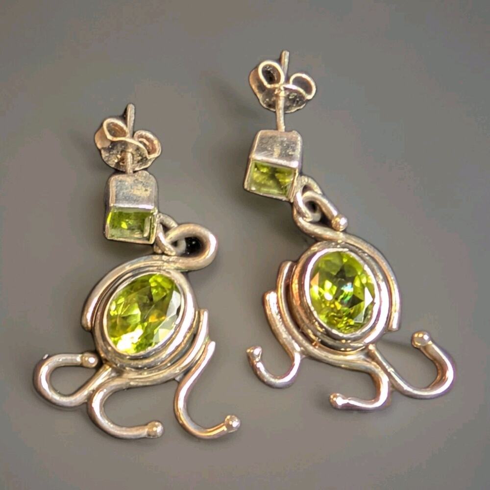Vintage Sterling Silver Artsy Earrings with Genuine Peridot Gemstones